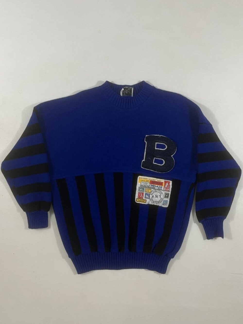 Vintage 90s ART Fashion Royal Blue Black Striped Varsity "B" Patch Knit Sweater